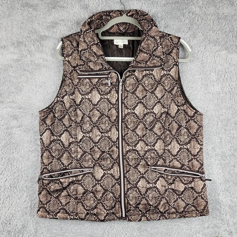 Studio Works Sport Vest Womens XL Brown Snake Print Quilted Puffer Zip Pockets